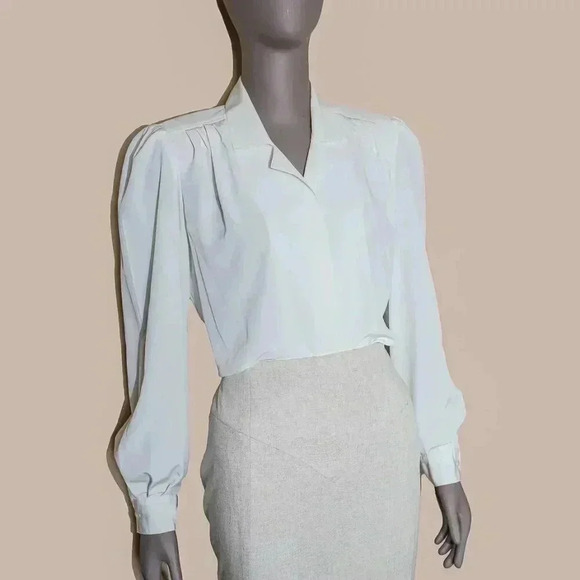 Vintage‎ 80s White Pleated Long Sleeve Collared Blouse Size 4 Office Fall Top - Picture 1 of 8
